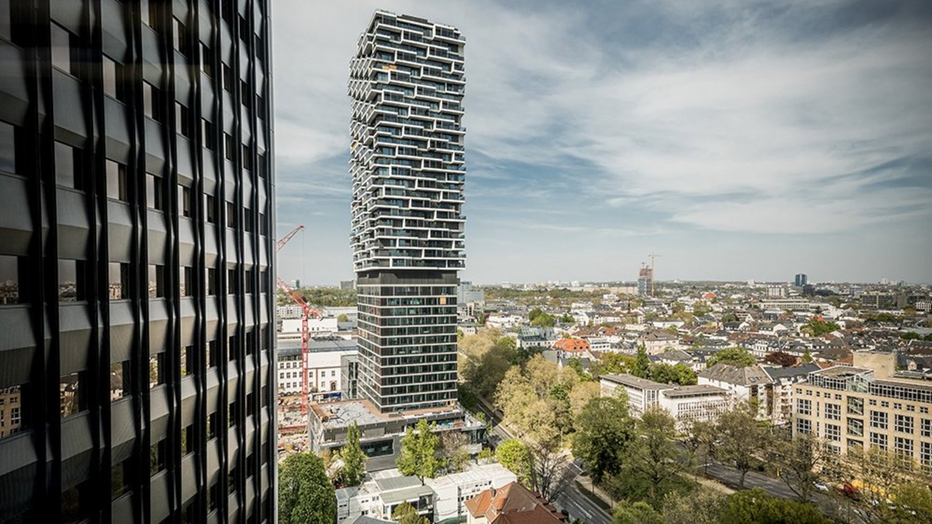 View of the hybrid high-rise ONE FORTY WEST (T-Rex) in Frankfurt/Main, Germany