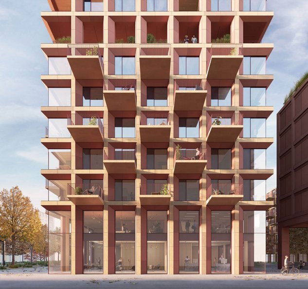La construction en bois novatrice, conçue spécialement par Implenia en collaboration avec l’ETH Zurich et WaltGalmarini pour les immeubles, arborera des façades en terre cuite. (Bild: Ina Invest)