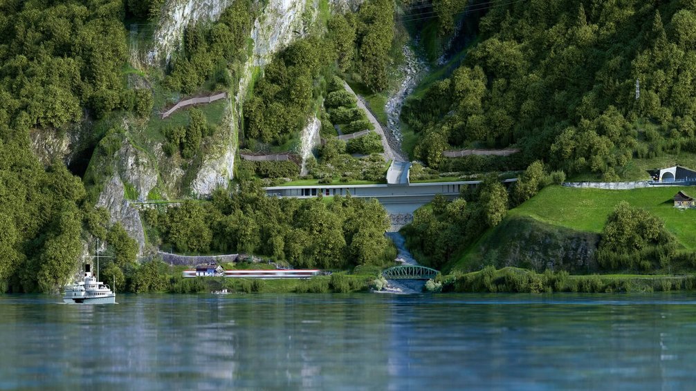 Visualisierung der Gallerie zum Schutz vor Naturgefahren und des Anschlusses Gumpisch zum zukünftigen «Sisikoner Tunnel» hin. (Bild: ©axen.ch)