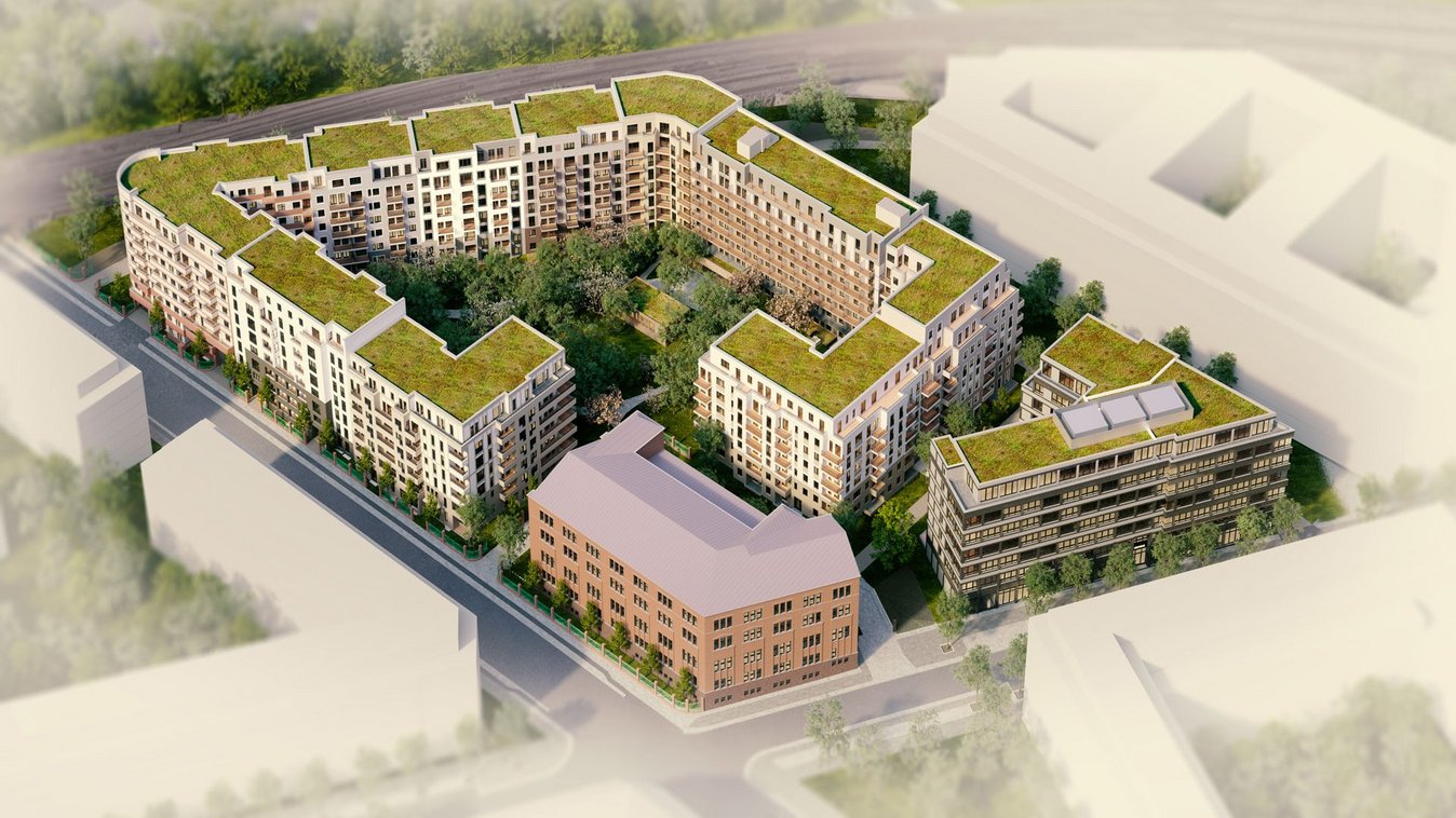 Visualization of the city quarter Schöneberger Linse in Berlin, Germany, from a bird's-eye view