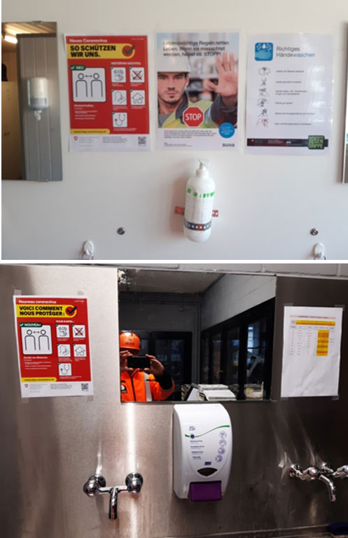 "Information et hygiène : En plus de l'eau, du savon et des désinfectants, nos installations sanitaires disposent également de toutes les affiches d'information pour la protection contre le coronavirus."