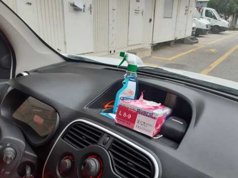 Hygiene measure for vehicles with several drivers: disinfectant in all vehicles for continuous disinfection of the steering wheel, gearshift etc.